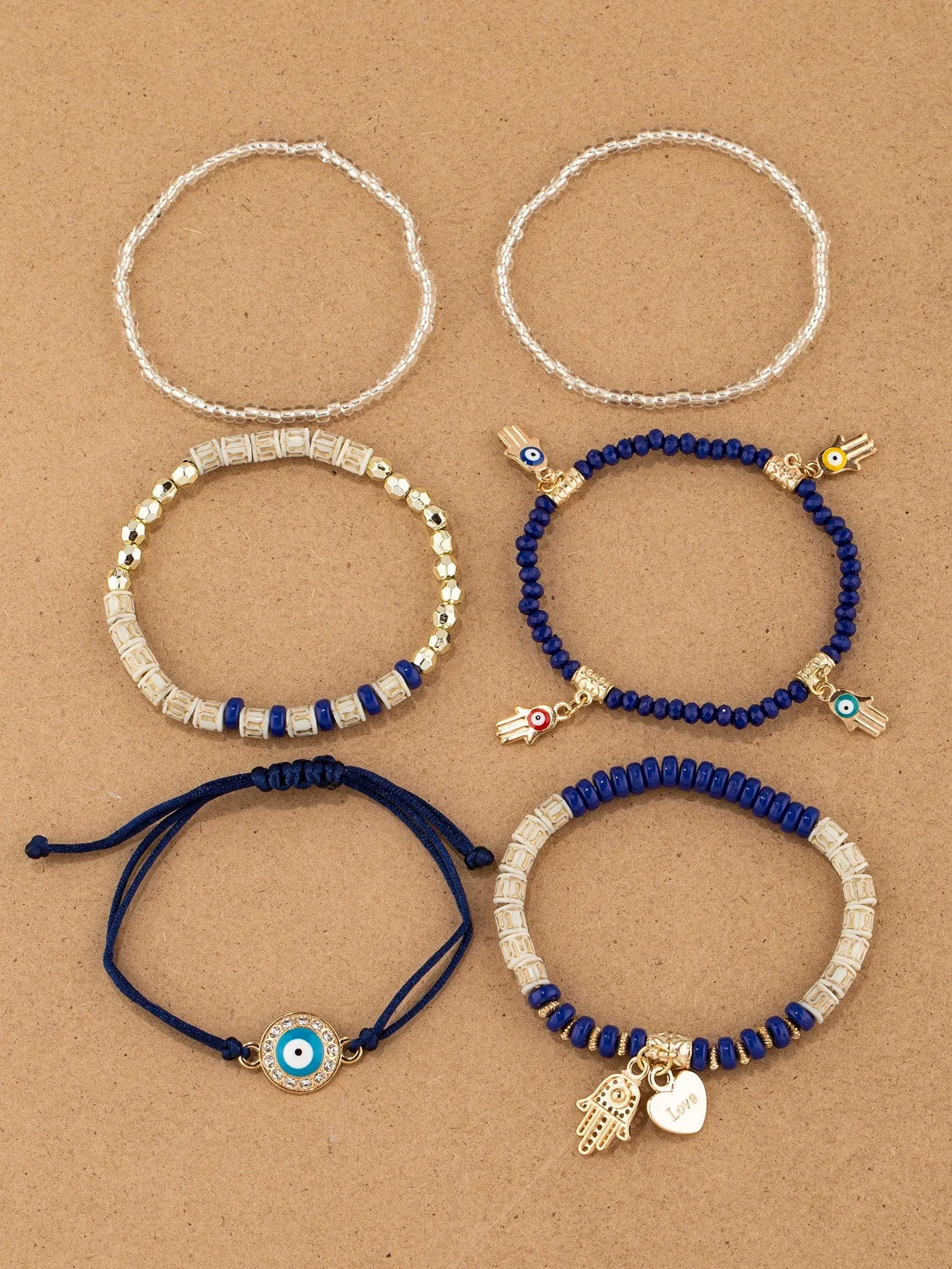 6pcs/set Boho Rhinestone Eye & Hamsa Hand Charm Black Gold Beaded Bracelet For