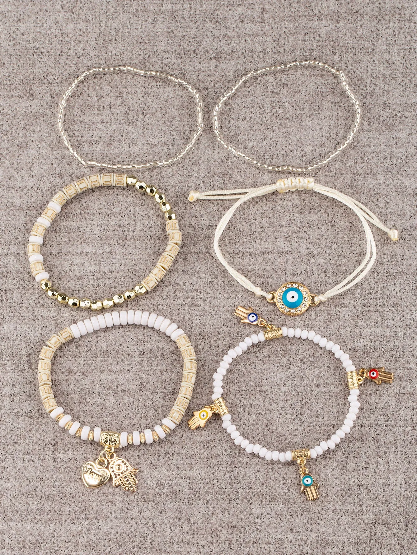 6pcs/set Boho Rhinestone Eye & Hamsa Hand Charm Black Gold Beaded Bracelet For