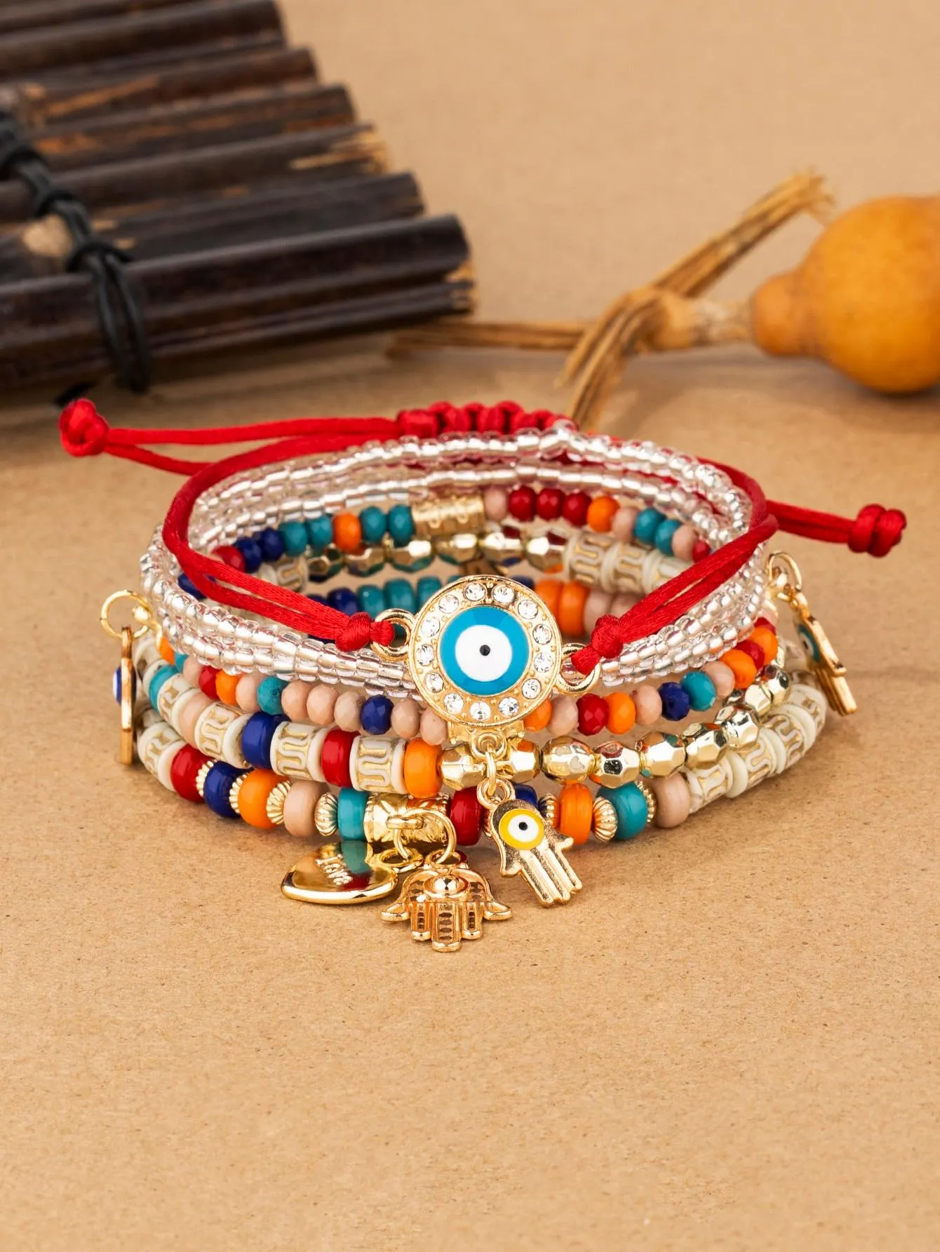 6pcs/set Boho Rhinestone Eye & Hamsa Hand Charm Black Gold Beaded Bracelet For