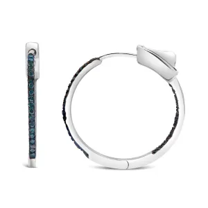 .925 Sterling Silver 1/3 Cttw Inside Out Blue Treated Diamond 1MM Wide Hoop Earrings